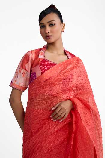 Buy_Naina Jain_Rust Organza, Silk Round Neck Bandhani Saree With Patchwork Blouse _Online_at_Aza_Fashions