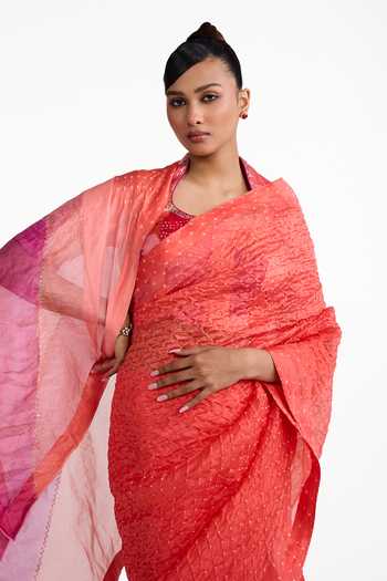 Shop_Naina Jain_Rust Organza, Silk Round Neck Bandhani Saree With Patchwork Blouse _Online_at_Aza_Fashions