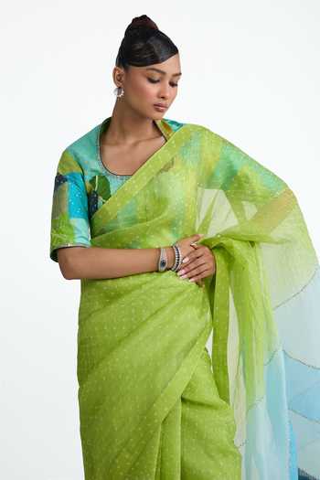 Naina Jain_Green Organza, Silk Round Neck Contrast Palla Bandhani Saree With Blouse _Online_at_Aza_Fashions