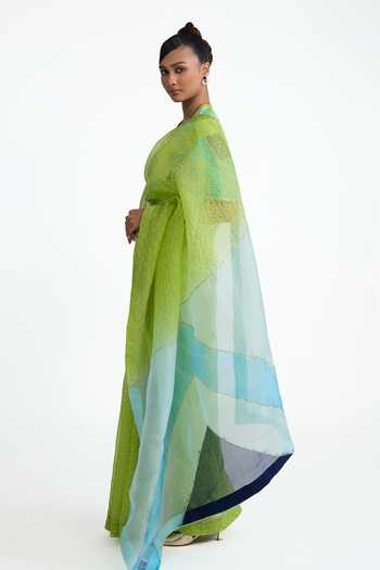 Shop_Naina Jain_Green Organza, Silk Round Neck Contrast Palla Bandhani Saree With Blouse _Online_at_Aza_Fashions