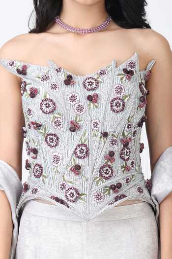 Isha Regalia_Grey Net Embroidery Sweetheart Neck, Off-shoulder Corset Panelled Skirt Set _at_Aza_Fashions