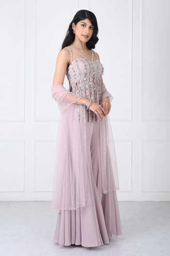 Isha Regalia_Pink Georgette, Net Sequins, Beads, Fringe Embroidered Bodysuit Sharara Set _Online_at_Aza_Fashions