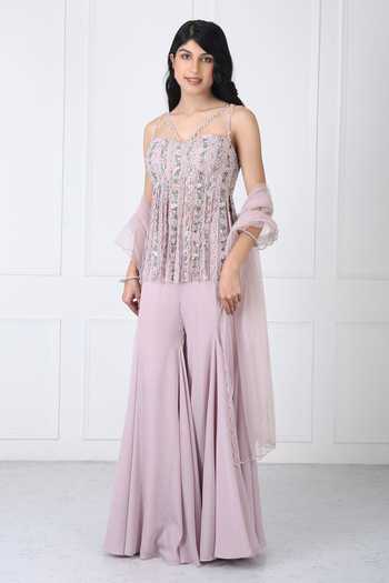 Buy_Isha Regalia_Pink Georgette, Net Sequins, Beads, Fringe Embroidered Bodysuit Sharara Set _Online_at_Aza_Fashions