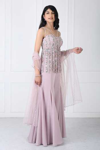 Shop_Isha Regalia_Pink Georgette, Net Sequins, Beads, Fringe Embroidered Bodysuit Sharara Set _Online_at_Aza_Fashions