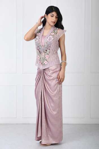 Isha Regalia_Mauve Net Shawl Neck Embroidered Jacket With Draped Skirt _Online_at_Aza_Fashions