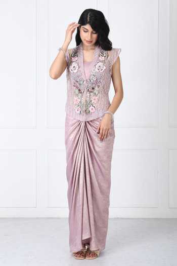 Buy_Isha Regalia_Mauve Net Shawl Neck Embroidered Jacket With Draped Skirt _Online_at_Aza_Fashions