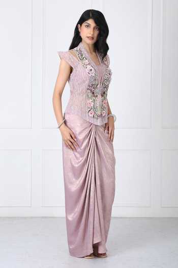 Shop_Isha Regalia_Mauve Net Shawl Neck Embroidered Jacket With Draped Skirt _Online_at_Aza_Fashions