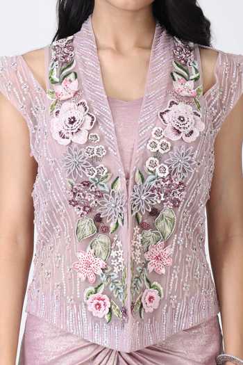 Isha Regalia_Mauve Net Shawl Neck Embroidered Jacket With Draped Skirt _at_Aza_Fashions