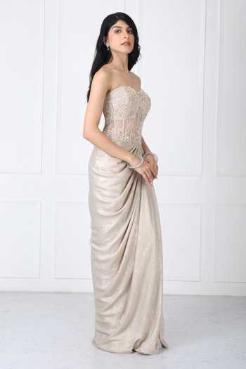 Isha Regalia_Gold Net Embroidery, Beads, Stones Sweetheart Neck Royal Corset Gown _Online_at_Aza_Fashions