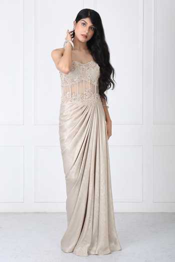 Shop_Isha Regalia_Gold Net Embroidery, Beads, Stones Sweetheart Neck Royal Corset Gown _Online_at_Aza_Fashions