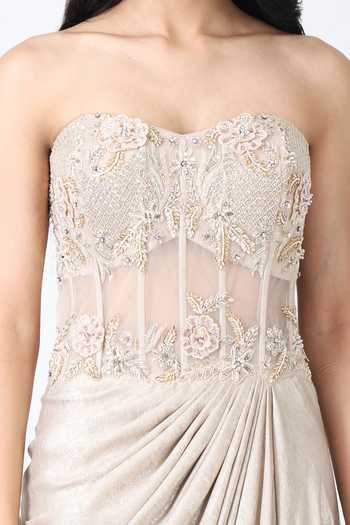 Isha Regalia_Gold Net Embroidery, Beads, Stones Sweetheart Neck Royal Corset Gown _at_Aza_Fashions