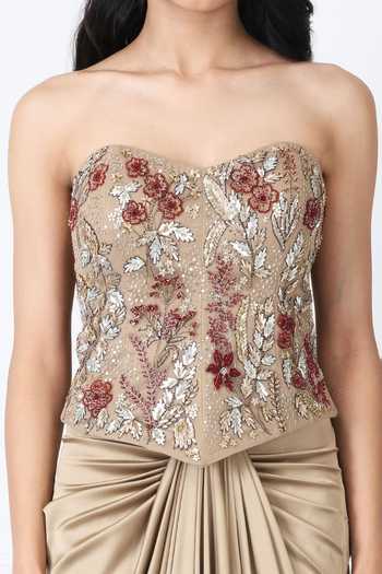 Isha Regalia_Gold Satin, Net Embroidery Sweetheart Neck Draped Skirt With Corset _Online_at_Aza_Fashions