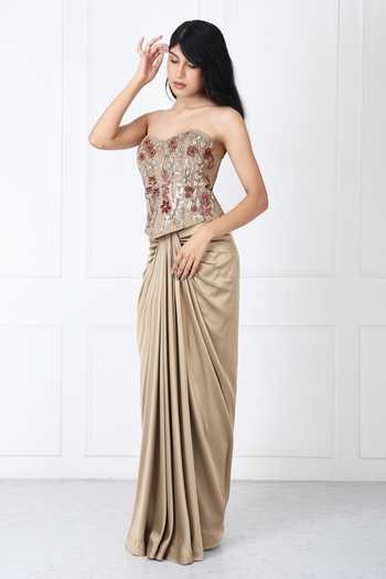 Buy_Isha Regalia_Gold Satin, Net Embroidery Sweetheart Neck Draped Skirt With Corset _Online_at_Aza_Fashions