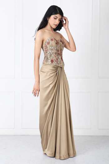 Shop_Isha Regalia_Gold Satin, Net Embroidery Sweetheart Neck Draped Skirt With Corset _Online_at_Aza_Fashions