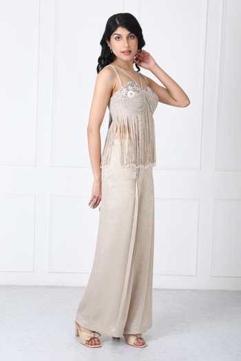Buy_Isha Regalia_Gold Net Beads, Pearls, Fringe Sweetheart Neck Floral Bodysuit With Pant _Online_at_Aza_Fashions