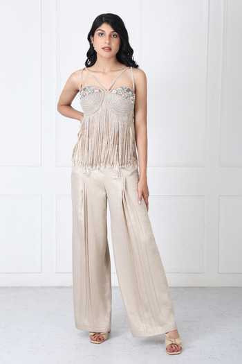 Shop_Isha Regalia_Gold Net Beads, Pearls, Fringe Sweetheart Neck Floral Bodysuit With Pant _Online_at_Aza_Fashions