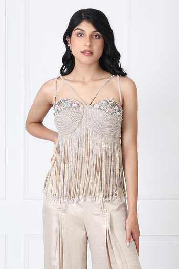 Isha Regalia_Gold Net Beads, Pearls, Fringe Sweetheart Neck Floral Bodysuit With Pant _at_Aza_Fashions