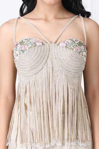 Buy_Isha Regalia_Gold Net Beads, Pearls, Fringe Sweetheart Neck Floral Bodysuit With Pant 