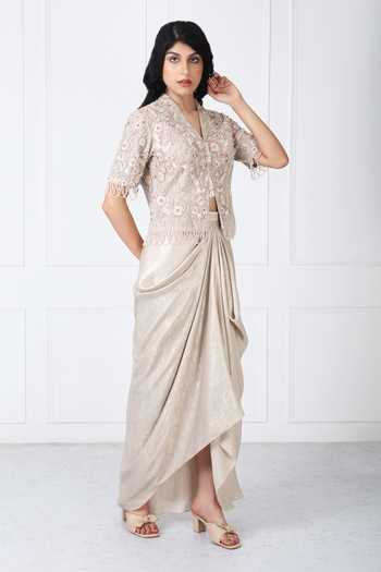 Isha Regalia_Gold Net V-neck Royal Embroidered Jacket With Draped Skirt _Online_at_Aza_Fashions