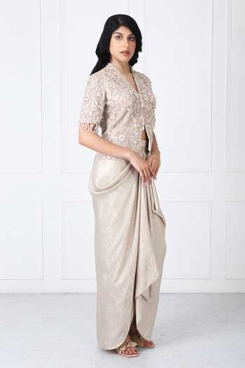 Buy_Isha Regalia_Gold Net V-neck Royal Embroidered Jacket With Draped Skirt _Online_at_Aza_Fashions