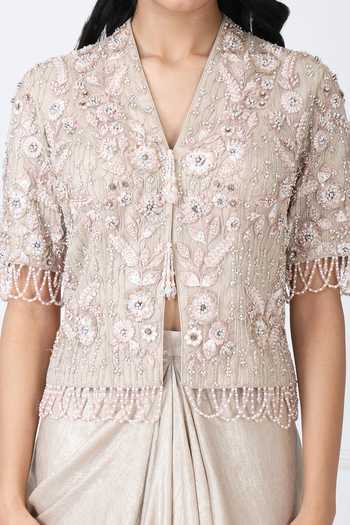 Shop_Isha Regalia_Gold Net V-neck Royal Embroidered Jacket With Draped Skirt _Online_at_Aza_Fashions