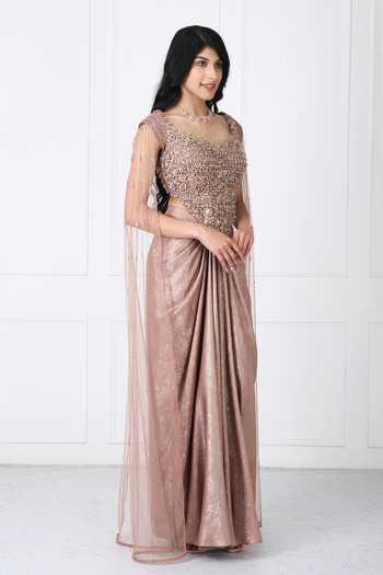 Isha Regalia_Brown Net Sequins, Beads, Stones Sweetheart Embroidered Corset With Draped Skirt _Online_at_Aza_Fashions