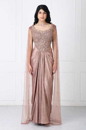 Buy_Isha Regalia_Brown Net Sequins, Beads, Stones Sweetheart Embroidered Corset With Draped Skirt _Online_at_Aza_Fashions