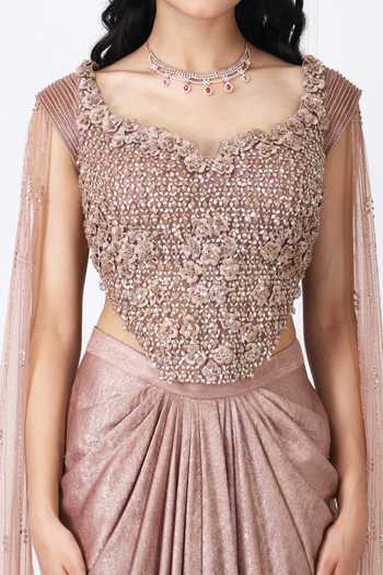 Shop_Isha Regalia_Brown Net Sequins, Beads, Stones Sweetheart Embroidered Corset With Draped Skirt _Online_at_Aza_Fashions