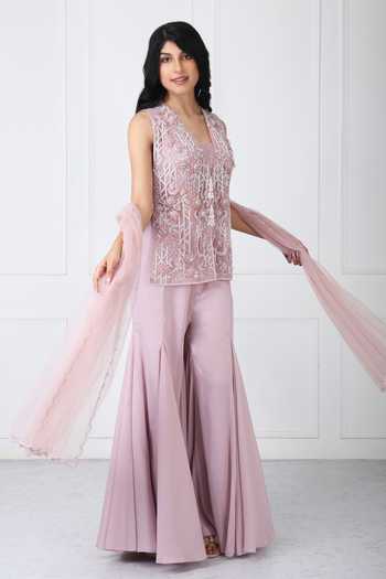 Isha Regalia_Mauve Georgette, Net V-neck Embroidered Jacket Sharara Set _Online_at_Aza_Fashions