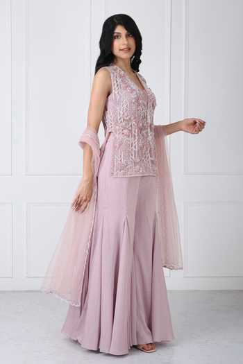 Buy_Isha Regalia_Mauve Georgette, Net V-neck Embroidered Jacket Sharara Set _Online_at_Aza_Fashions