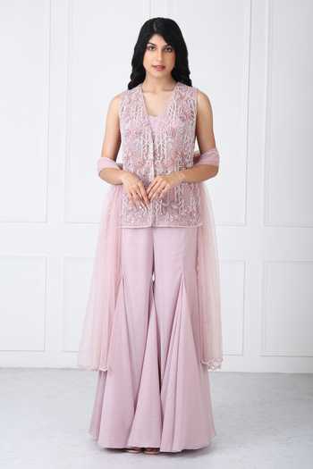 Shop_Isha Regalia_Mauve Georgette, Net V-neck Embroidered Jacket Sharara Set _Online_at_Aza_Fashions