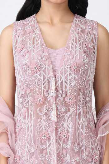 Isha Regalia_Mauve Georgette, Net V-neck Embroidered Jacket Sharara Set _at_Aza_Fashions