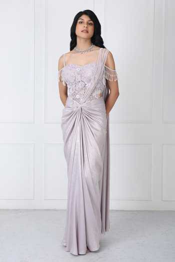 Isha Regalia_Lilac Net Embroidery, Beads, Tassels Sweetheart Pre-draped Saree With Bodysuit _Online_at_Aza_Fashions
