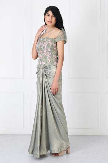 Buy_Isha Regalia_Green Net Embroidery Sweetheart Neck Floral Corset With Draped Skirt _Online_at_Aza_Fashions
