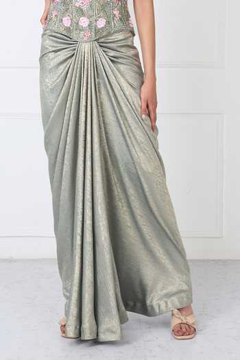 Isha Regalia_Green Net Embroidery Sweetheart Neck Floral Corset With Draped Skirt _at_Aza_Fashions