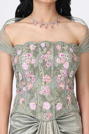 Buy_Isha Regalia_Green Net Embroidery Sweetheart Neck Floral Corset With Draped Skirt 