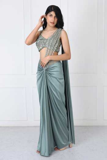 Buy_Isha Regalia_Green Satin, Net V-neck Viridian Pre-draped Saree With Embroidered Blouse _Online_at_Aza_Fashions