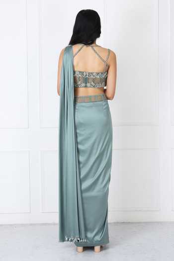 Isha Regalia Viridian Pre-Draped Saree With Embroidered Blouse 