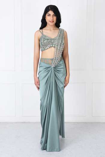 Isha Regalia_Green Satin, Net V-neck Viridian Pre-draped Saree With Embroidered Blouse _at_Aza_Fashions