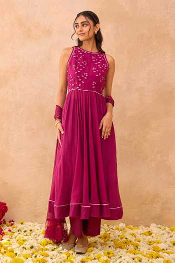 Taro_Magenta Cotton, Chiffon Round Neck Berry Bash Embroidered Anarkali Set _at_Aza_Fashions