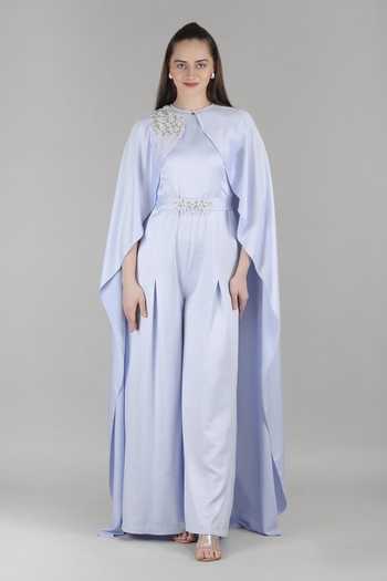 Shop_Mandira Wirk_Blue Powder Layered Jumpsuit With Belt _Online_at_Aza_Fashions