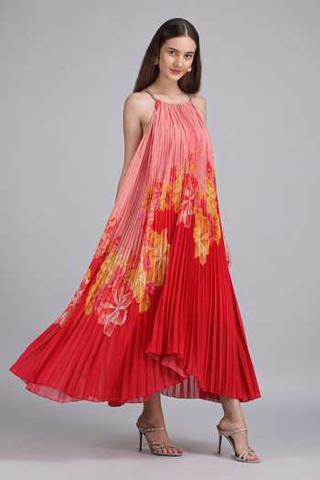Mandira Wirk Crimson Pleated Halter Neck Dress 