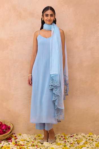 Taro Serene Sky Cotton Silk Sleeveless Kurta Set 