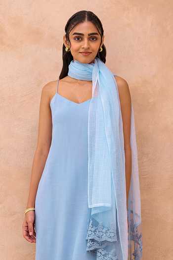 Shop_Taro_Blue Silk, Cotton, Kota Doria V-neck Serene Sky Sleeveless Kurta Set _Online_at_Aza_Fashions