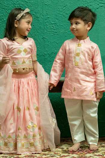 Shop_Rage Attire-Sweta Saria_Pink Silk, Bemberg, Cotton Gota Triangle Embroidered Kurta Set _Online_at_Aza_Fashions