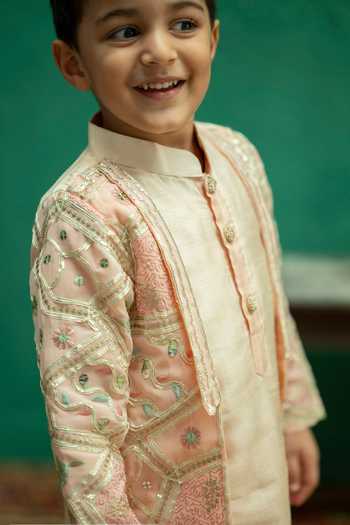Rage Attire-Sweta Saria_Peach Silk, Bemberg, Cotton Gota Work Sherwani Set _Online_at_Aza_Fashions