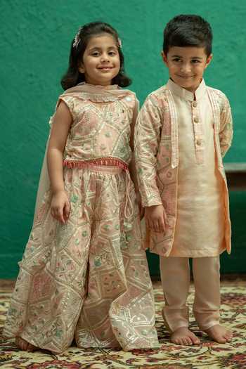 Buy_Rage Attire-Sweta Saria_Peach Silk, Bemberg, Cotton Gota Work Sherwani Set _Online_at_Aza_Fashions