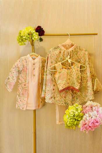 Shop Rage Attire-Sweta Saria Peach Silk, Bemberg, Cotton Gota Work Sherwani Set Online at Aza Fashions Shop_Rage Attire-Sweta Saria_Peach Silk, Bemberg, Cotton Gota Work Sherwani Set _Online_at_Aza_Fashions