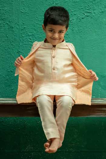 Rage Attire-Sweta Saria_Peach Silk, Bemberg, Cotton Gota Work Sherwani Set _at_Aza_Fashions