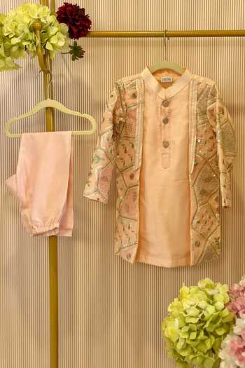 Shop Rage Attire-Sweta Saria Peach Silk, Bemberg, Cotton Gota Work Sherwani Set Shop_Rage Attire-Sweta Saria_Peach Silk, Bemberg, Cotton Gota Work Sherwani Set